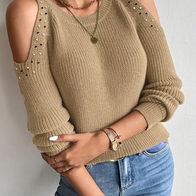 Women's Elegant Off-Shoulder Beaded Long Sleeve Soft Round Neck Pullover Sweater