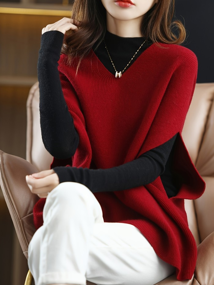 Women's Elegant V-Neck Batwing Sleeve Poncho Vest