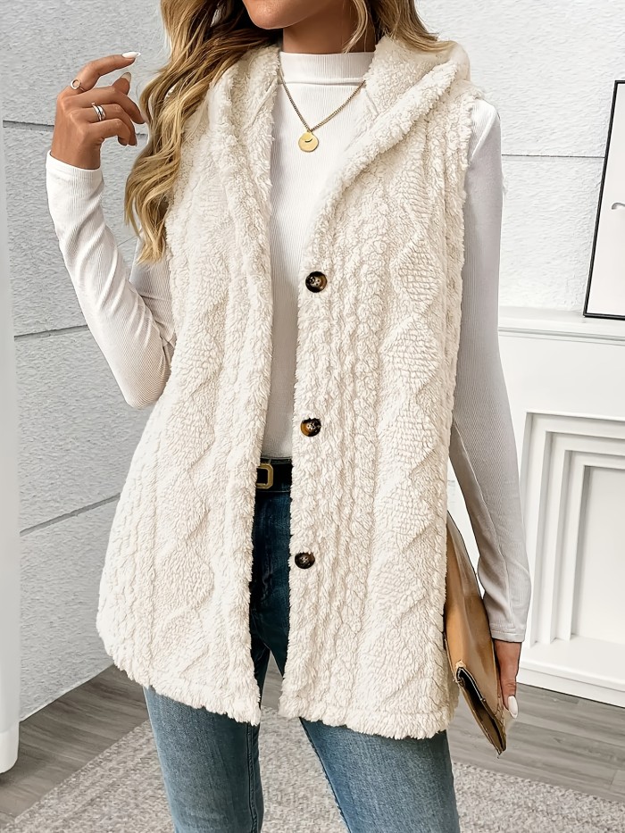 Women'S Elegant Soft Button Sleeveless Hooded Vest