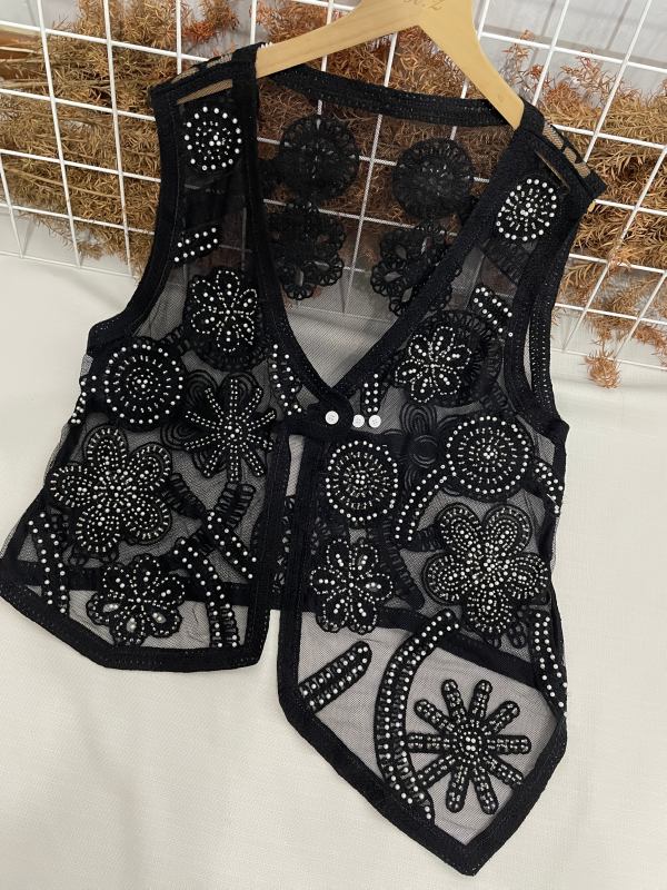 Elegant Asymmetrical Embroidered Floral V-Neck Capelet Loose Fit Vest