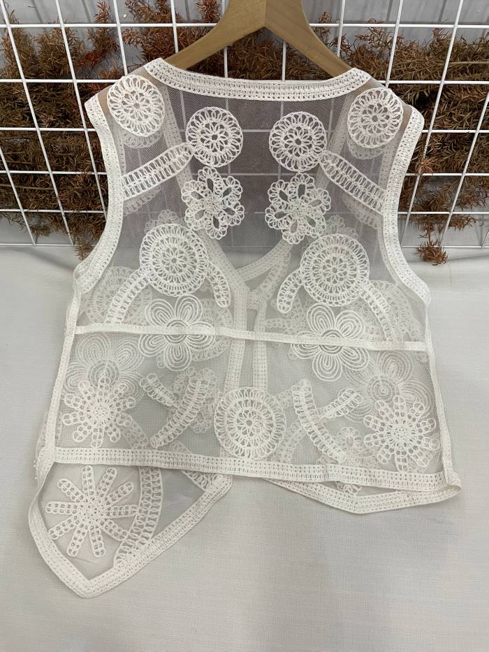 Elegant Asymmetrical Embroidered Floral V-Neck Capelet Loose Fit Vest