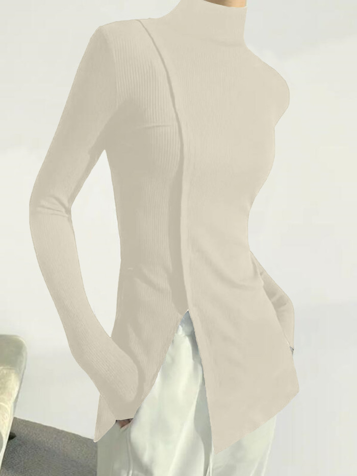 Skinny Solid Color Split-Joint High Neck T-shirts