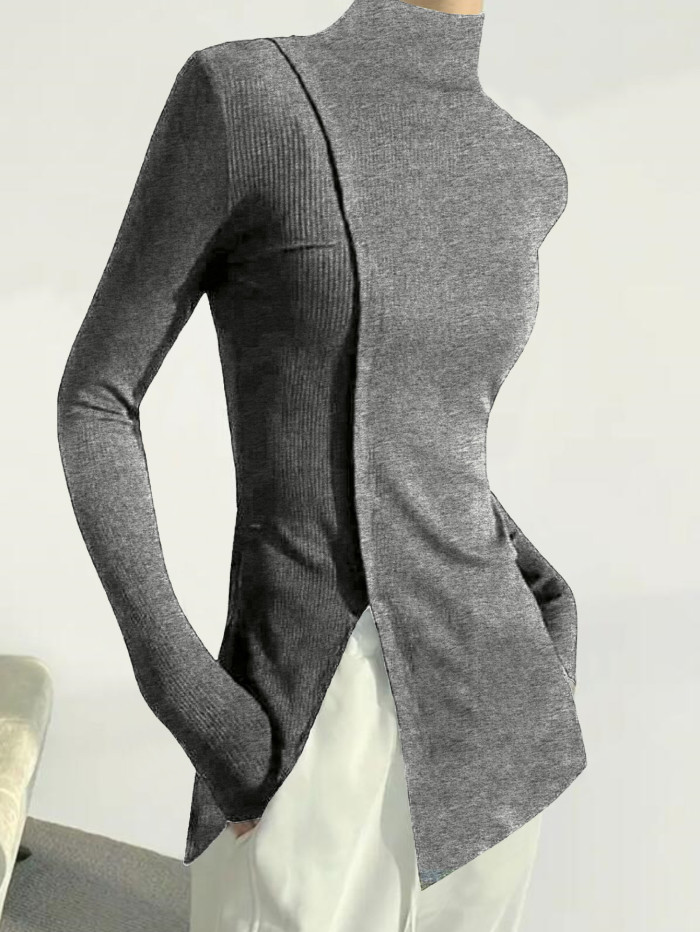 Skinny Solid Color Split-Joint High Neck T-shirts
