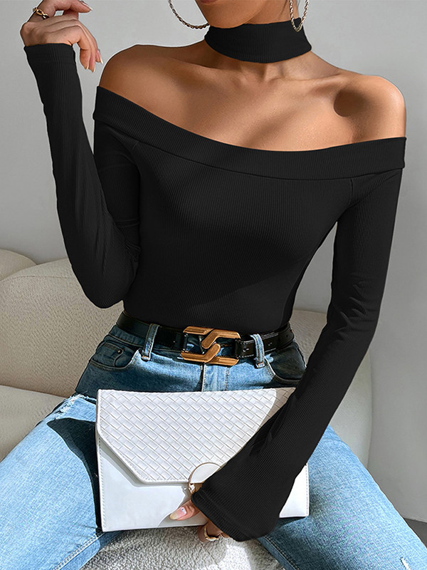 Solid Color Skinny Long Sleeves Off-The-Shoulder T-Shirts Tops