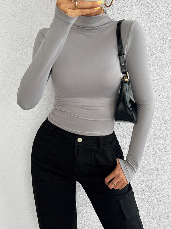 Solid Color Skinny Long Sleeves High Neck T-Shirts Tops