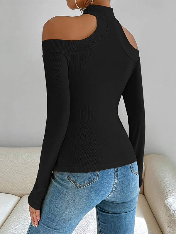 Solid Color Skinny Long Sleeves Off-The-Shoulder T-Shirts Tops