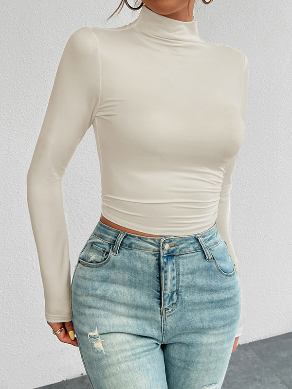 Solid Color Skinny Long Sleeves High Neck T-Shirts Tops