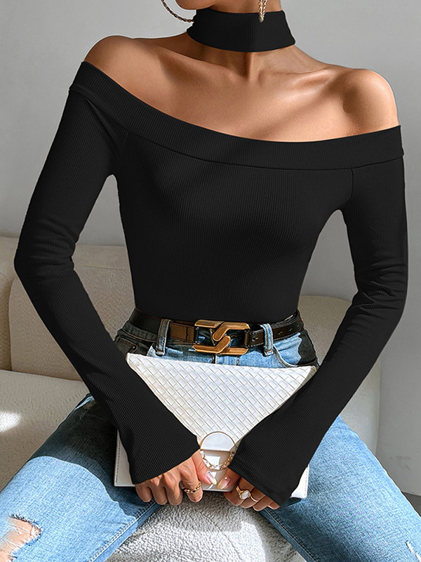 Solid Color Skinny Long Sleeves Off-The-Shoulder T-Shirts Tops