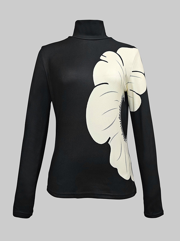 Long Sleeves Skinny Contrast Color Floral Printed Split-Joint High Neck T-shirts
