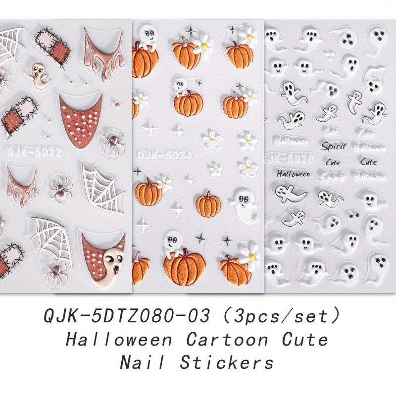 3 Sheets Halloween Nail Art Stickers - 5D 3D Embossed Self-Adhesive Decals with Skull