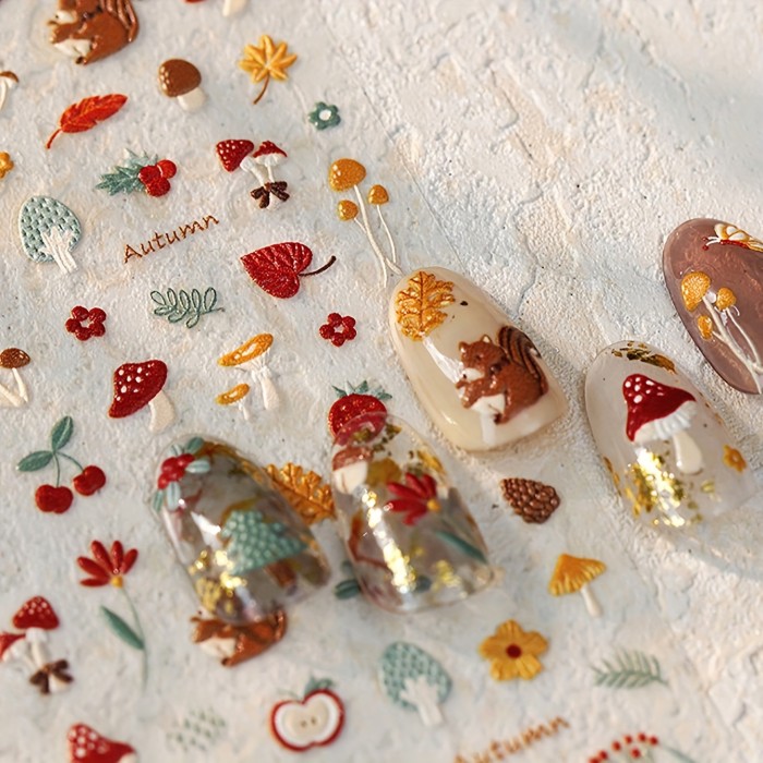 Self-Adhesive Fall Leaves Mushrooms Flowers & Squirrels Nail Art Stickers