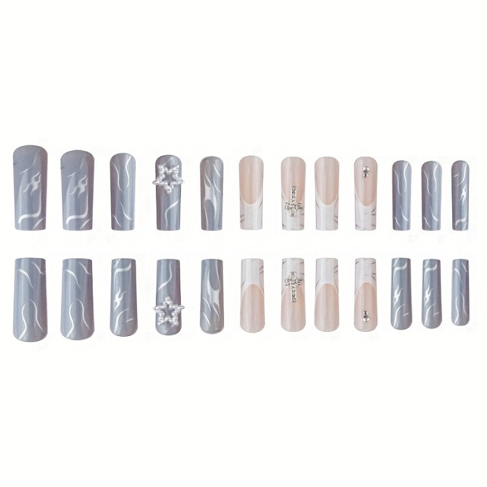 Glamorous Nails 24pcs Glamorous Long Coffin Star Nails | with Sparkling Gems