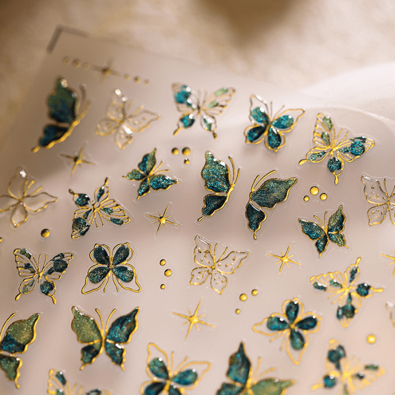 5D Embossed Jelly Butterfly Nail Sticker Cartoon Theme Self-Adhesive Resin Nail Art Decals with Crystal Embellishments for Women