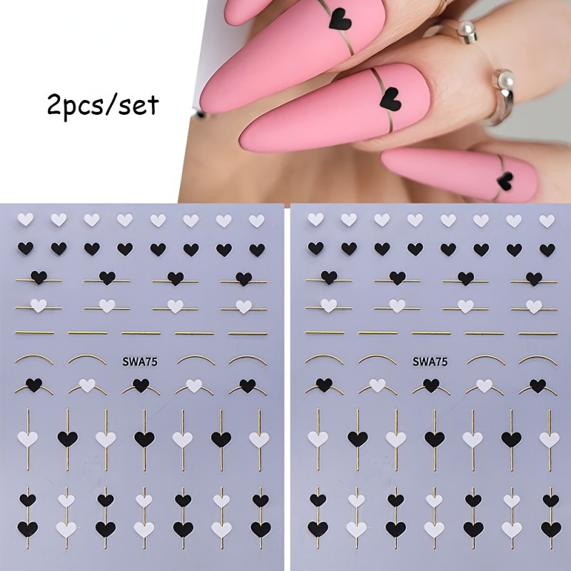 2pcs Golden Line Strips Nail Stickers 3D Love Heart Black White Love Valentine's Day Nail Art Decals for DIY Manicure Nail Decorations
