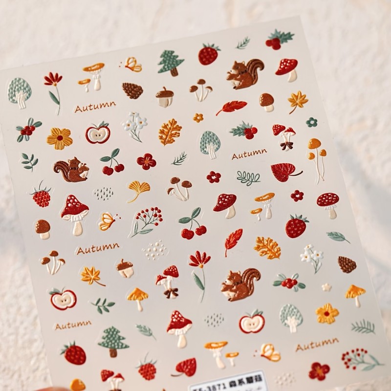 Self-Adhesive Fall Leaves Mushrooms Flowers & Squirrels Nail Art Stickers