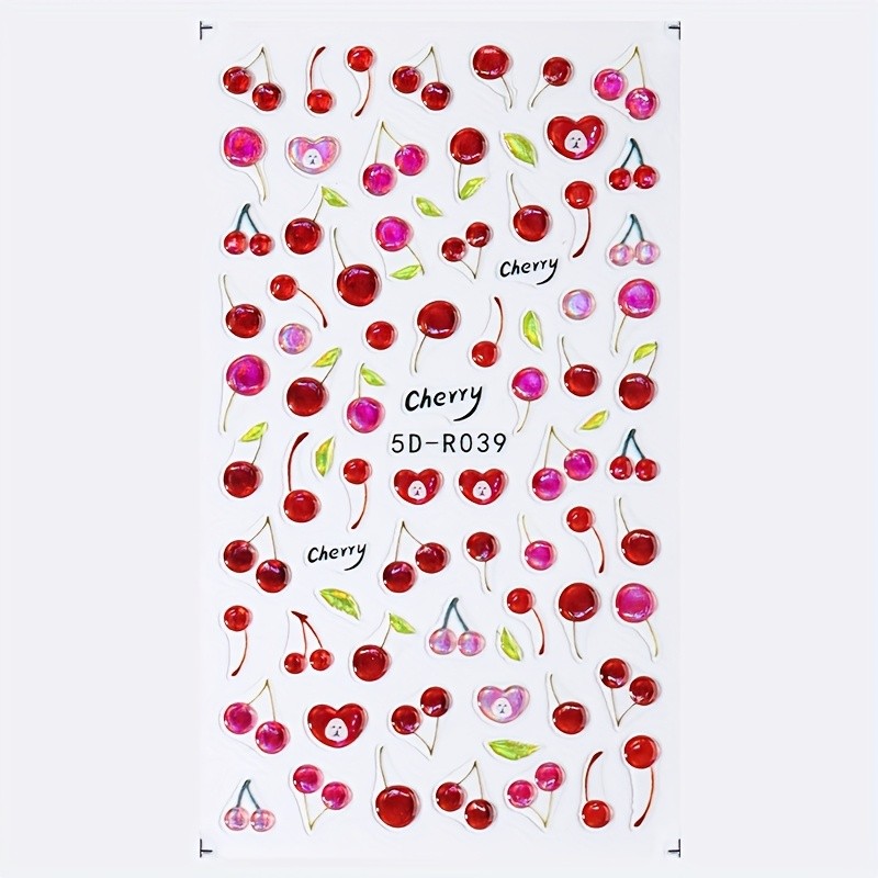 5D Shiny Jelly Cherry Nail Sticker Cute Sweet Fruit Design Self-Adhesive Nail Art Decals DIY Manicure Supplies