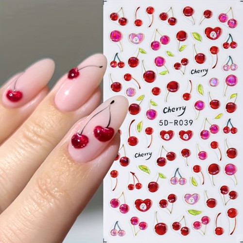 5D Shiny Jelly Cherry Nail Sticker Cute Sweet Fruit Design Self-Adhesive Nail Art Decals DIY Manicure Supplies