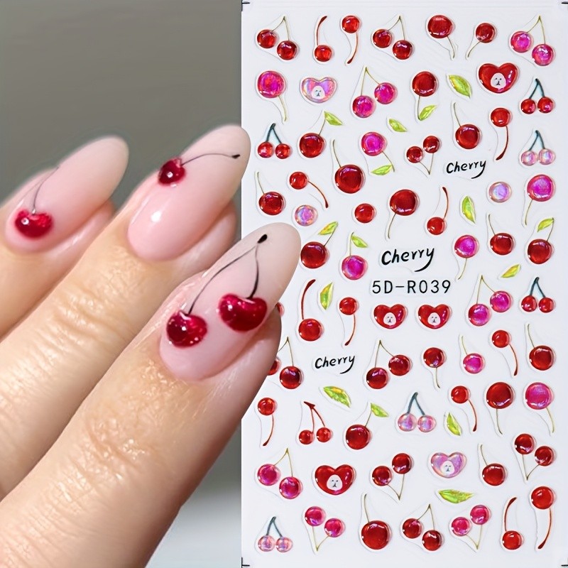 5D Shiny Jelly Cherry Nail Sticker Cute Sweet Fruit Design Self-Adhesive Nail Art Decals DIY Manicure Supplies