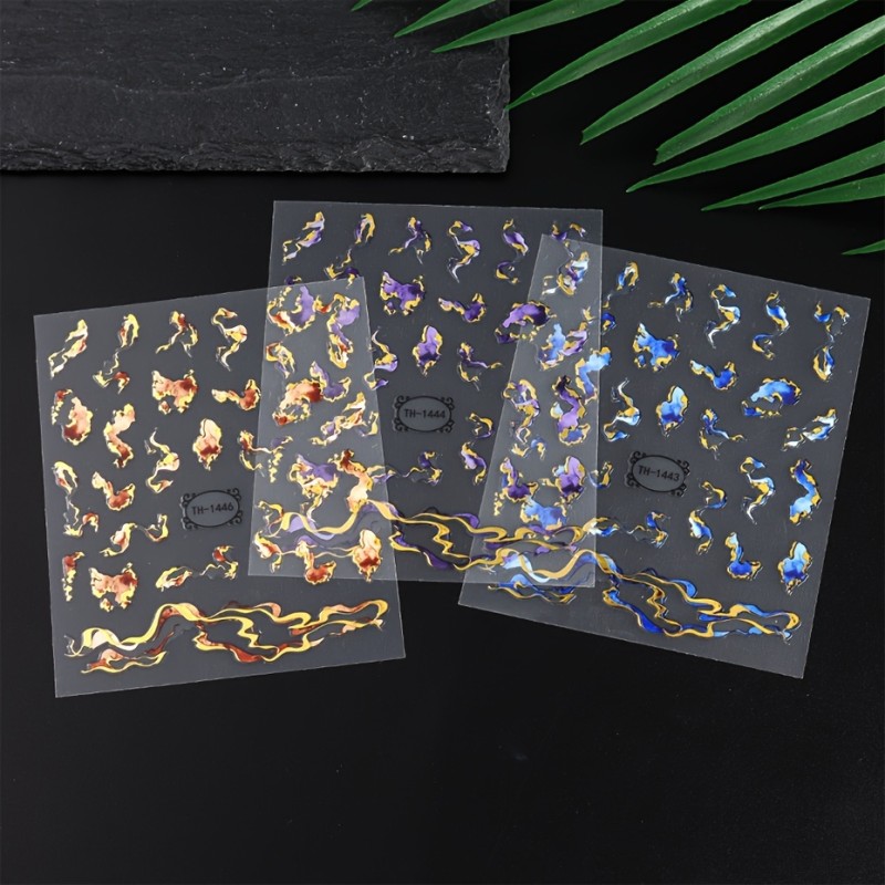 3pcs FULL BEAUTY Nail Art Stickers, 3D Marble Blue Wave Smoke Design