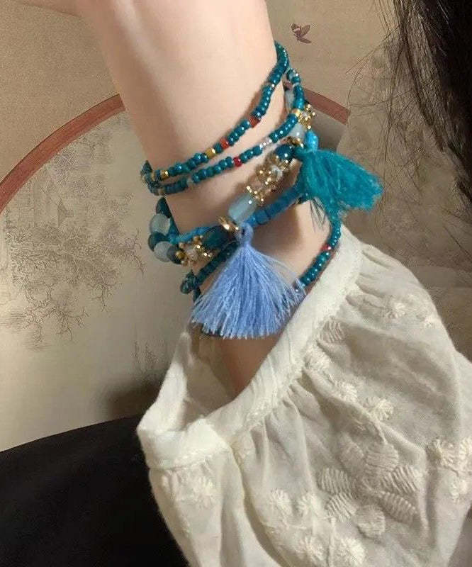 Boho Blue Hand Woven Multilayer Beading Tassel Charm Bracelet