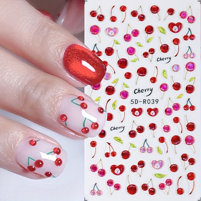 5D Shiny Jelly Cherry Nail Sticker Cute Sweet Fruit Design Self-Adhesive Nail Art Decals DIY Manicure Supplies