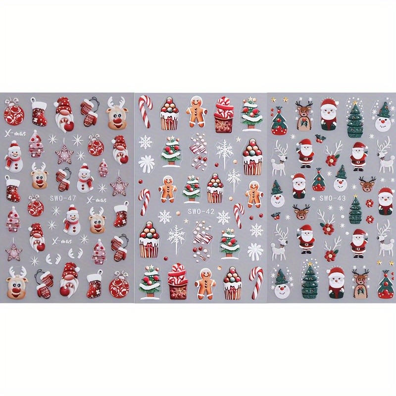 3pcs Christmas Nail Art Stickers - Festive Santa, Snowman & Reindeer Designs with Sparkling Snowflakes and Trees - Easy Apply Self-Adhesive Decals for Holiday Manicures