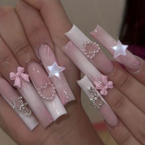 24pcs Box of Ultra-Long Ballet Nails Pink Heart Alloy Glitter Five-Star Press-On Fake Nails Waterproof Removable Nail Stickers with Jelly Adhesive and Scraper