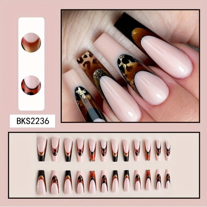 24pcs French Leopard Print Long Ballet Nail Press-On Nails