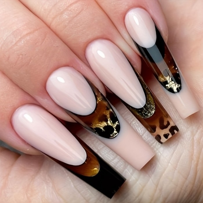 24pcs French Leopard Print Long Ballet Nail Press-On Nails