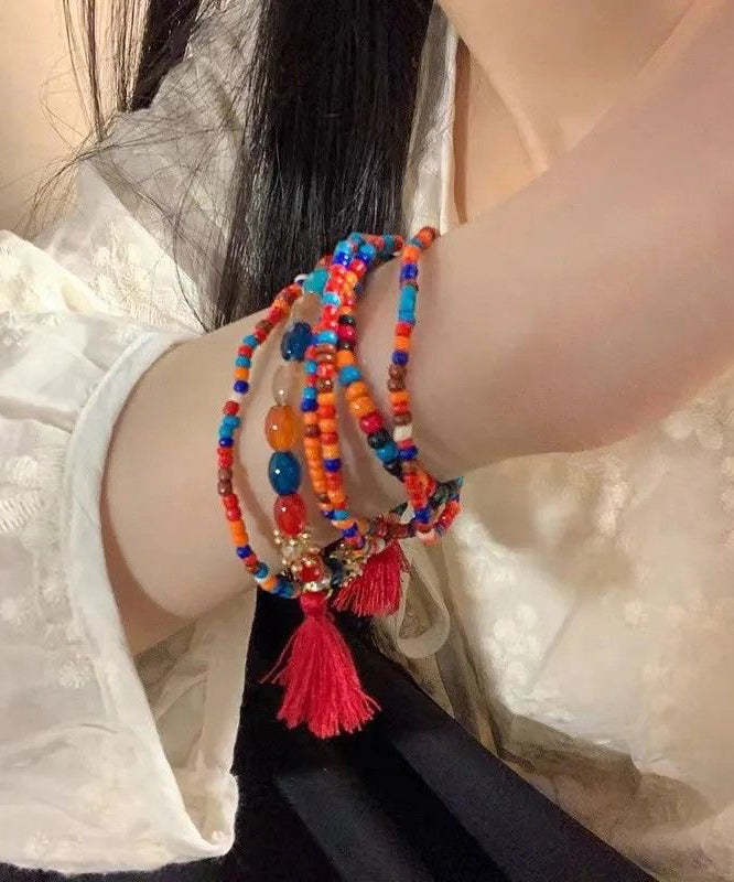 Boho Blue Hand Woven Multilayer Beading Tassel Charm Bracelet