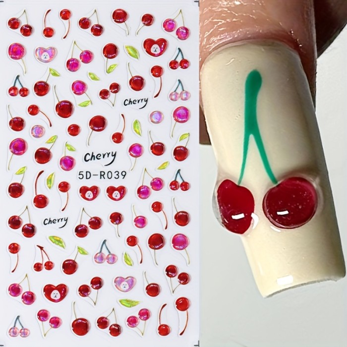 5D Shiny Jelly Cherry Nail Sticker Cute Sweet Fruit Design Self-Adhesive Nail Art Decals DIY Manicure Supplies