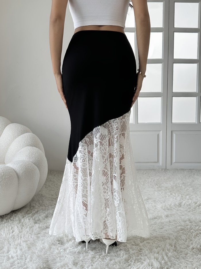 Elegant Women's High-Waisted Contrast Lace Maxi Skirt