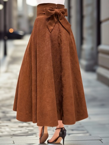 Women's Elegant Corduroy A-Line Maxi Skirt with Bow Waist