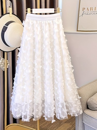 Chic Butterfly Applique High Waist Elegant Solid Color Pleated Skirt
