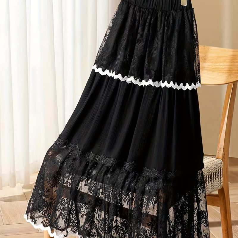 Women's Elegant A-Line Flared Skirt with Lace Trim & Black Ribbon Belt