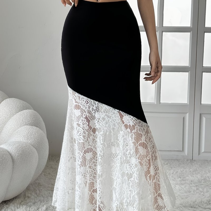 Elegant Women's High-Waisted Contrast Lace Maxi Skirt