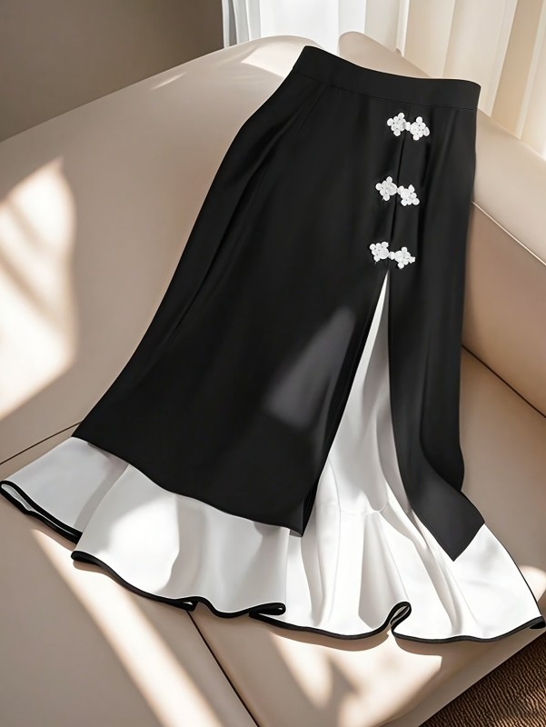 Women's Elegant Black and White Flared Lower Half Skirt