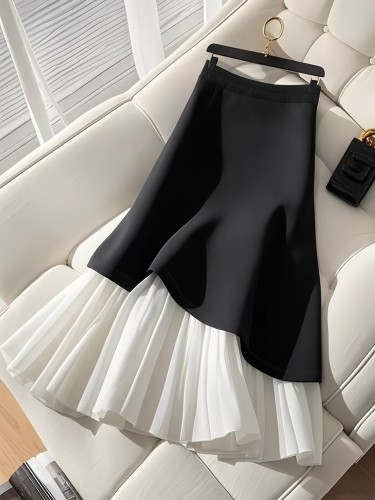 Women's Elegant High-Waisted Flared Skirt - Black & White Contrast, Structured Fit with Button-Front Detail, Mid-Stretch All-Season Versatile Skirt for Casual & Formal Wear