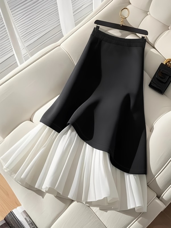 Women's Elegant High-Waisted Flared Skirt - Black & White Contrast, Structured Fit with Button-Front Detail, Mid-Stretch All-Season Versatile Skirt for Casual & Formal Wear