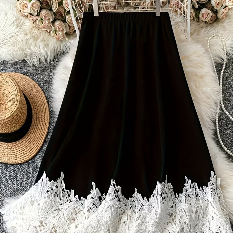 Elegant A-Line Skirt for Women with Contrast Lace Detailing, Elastic Waist, and Ruffled Hem - Black Polyester Fabric, Perfect for All Season