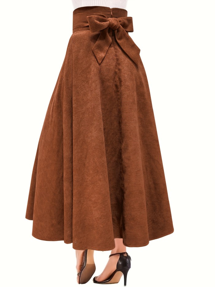 Women's Elegant Corduroy A-Line Maxi Skirt with Bow Waist
