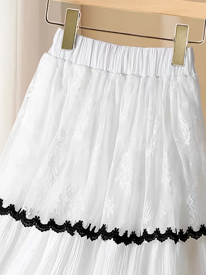 Women's Elegant A-Line Flared Skirt with Lace Trim & Black Ribbon Belt