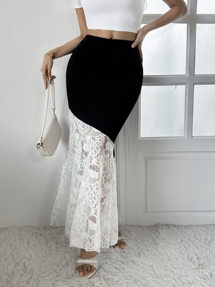 Elegant Women's High-Waisted Contrast Lace Maxi Skirt