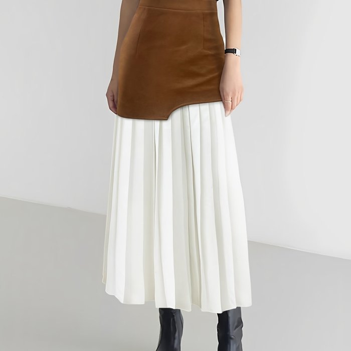 Solid Color Woven Women's Midi Skirt with Pleated Detail and Faux Suede Panel for Elegant Fall\u002FWinter Style