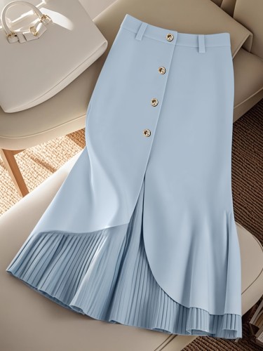Elegant High-Waisted Button Casual Outings Light Blue Pleated Midi Skirt for Women