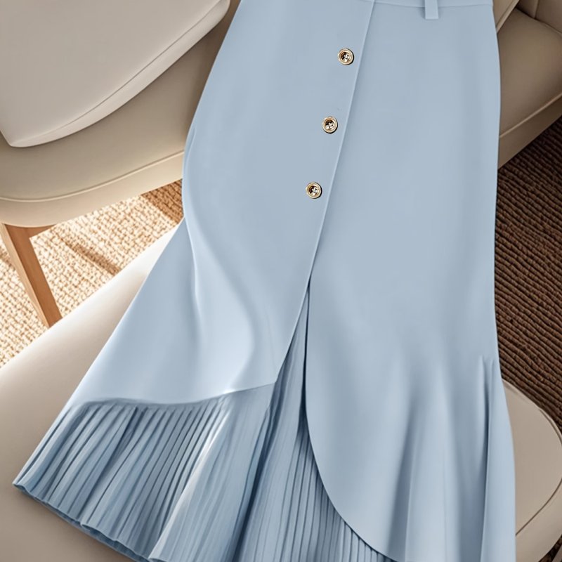 Elegant High-Waisted Button Casual Outings Light Blue Pleated Midi Skirt for Women
