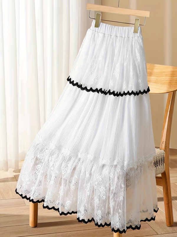 Women's Elegant A-Line Flared Skirt with Lace Trim & Black Ribbon Belt