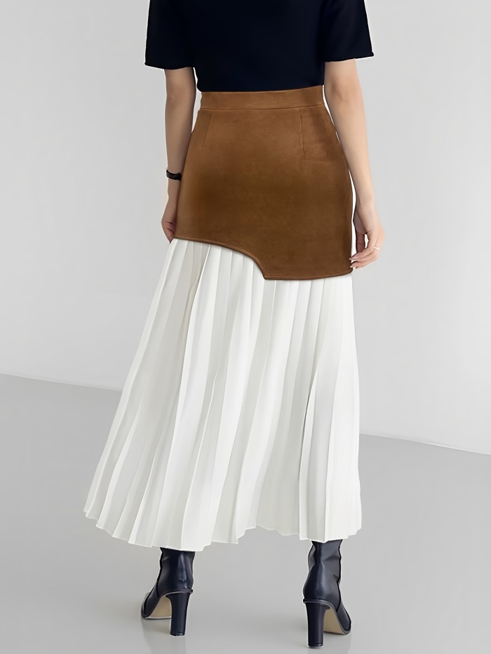 Solid Color Woven Women's Midi Skirt with Pleated Detail and Faux Suede Panel for Elegant Fall\u002FWinter Style