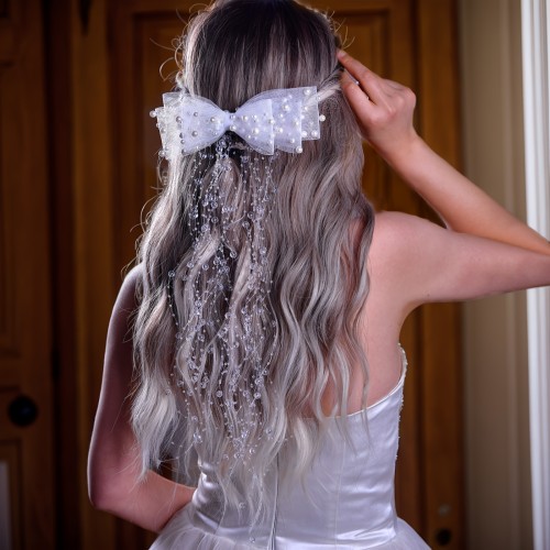 1pc Elegant Elf-Themed Beaded Mesh Bow Hair Accessory, Polyester Fiber Bridal Hair Comb, Hand Washable, No Power Required, Women'S Party and Prom Hairpiece A10