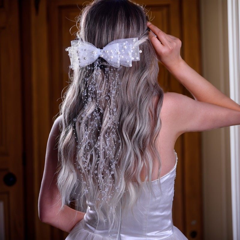1pc Elegant Elf-Themed Beaded Mesh Bow Hair Accessory, Polyester Fiber Bridal Hair Comb, Hand Washable, No Power Required, Women'S Party and Prom Hairpiece A10